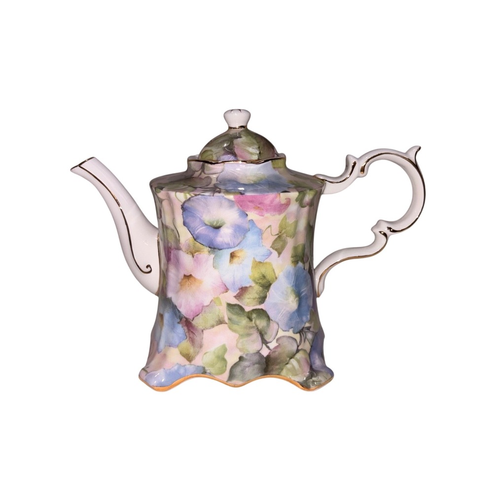 Skye McGhie Morning Glory Floral Teapot Gold Trim Square Scalloped Base Vintage